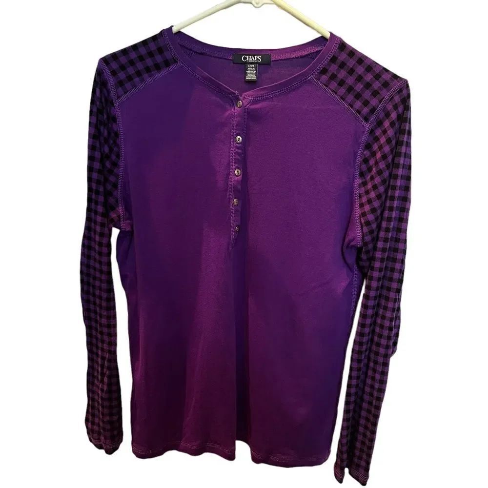 Chaps Large Jr. Henley long sleeve Purple and black 1/2 button metal